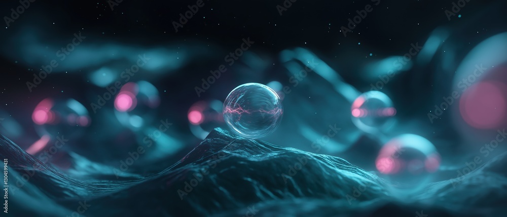 Poster digital illustration of a futuristic landscape with a dark background. in the center of the image, t