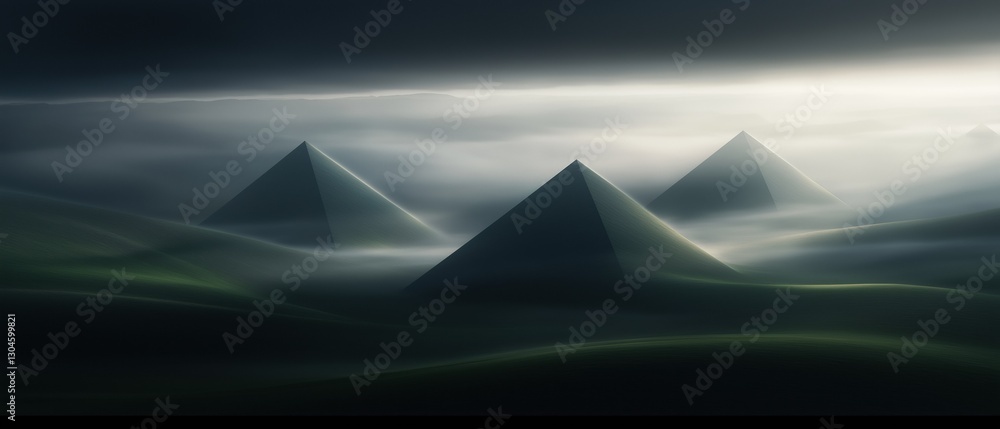 Poster digital illustration of three pyramids in a dark and foggy landscape. the pyramids are arranged in a
