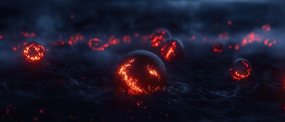 Fototapeta premium Group of red spheres floating on a dark, foggy surface. the spheres appear to be glowing, with a bright orange glow emanating from them.