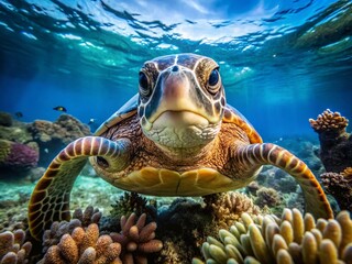 Fototapeta premium Komodo Islands Sea Turtle: Front View Underwater Photography