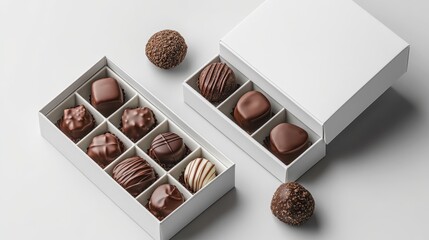A sleek chocolate box mockup, featuring a collection of assorted treats nestled beside a minimalist white box on a pristine light background, inviting viewers to explore the delicious world of