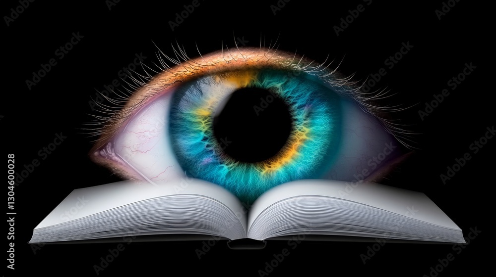 Poster open book with abstract eye design symbolizing knowledge and insight