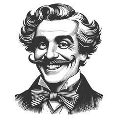 smiling man with a curly mustache, wavy hair, and large bow tie, exuding charm sketch engraving generative ai fictional character raster illustration. Scratch board imitation. Black and white image.