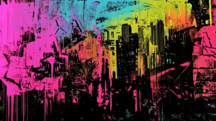Vibrant Abstract Urban Cityscape with Colorful Graffiti Overlay