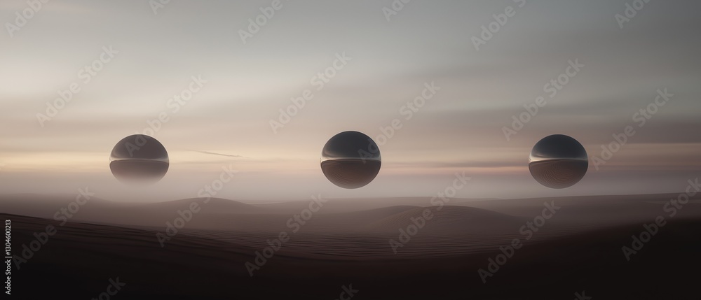 Poster three spherical objects floating in the air over a vast landscape.