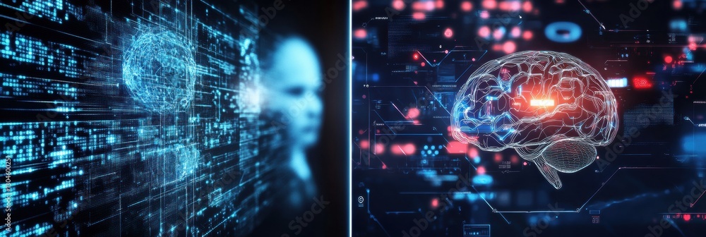 Poster futuristic digital landscape showcasing artificial intelligence and neural networks with human silho