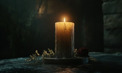 Rustic candle glowing in a dark room, its soft flame casting a warm light on surrounding surfaces, creating a serene and tranquil ambiance