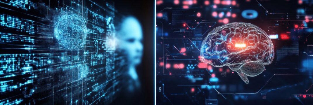 Futuristic digital landscape showcasing artificial intelligence and neural networks with human silhouette in background. Generative AI