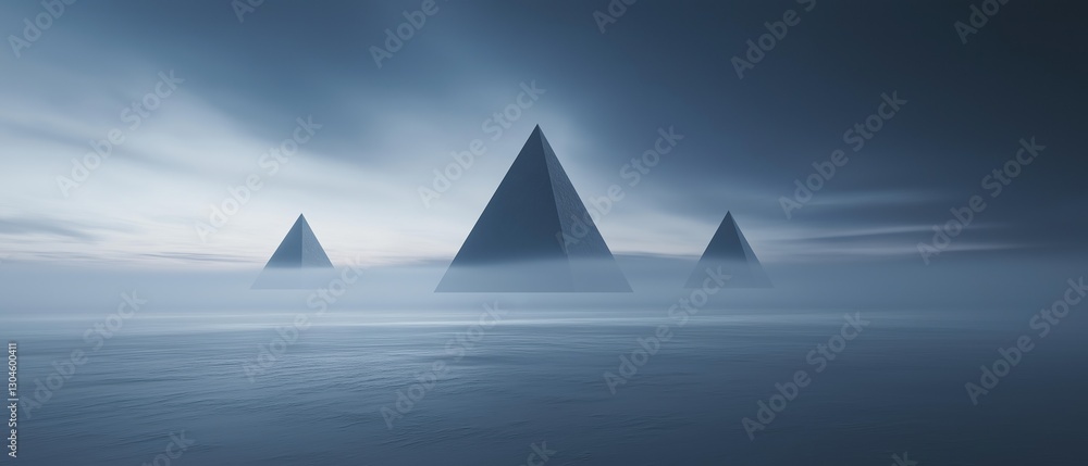 Aufkleber three triangular shapes, which appear to be a pyramid or a pyramid, standing in the middle of a vast