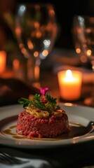 Naklejka premium Gourmet Beef Tartare Dish Romantic Candlelit Dinner