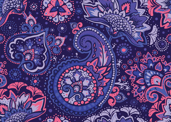 Seamless paisley pattern in Oriental style with floral and ethnic motifs for printed fabric, wallpaper, and packaging