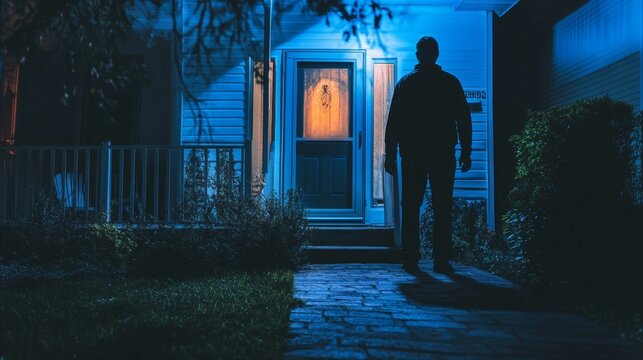 Shadowy Figure Approaching Illuminated House Doorway at Night Under Eerie Lighting and Moonlight