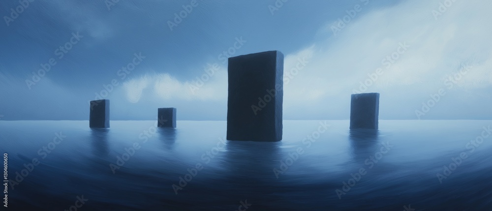 Poster group of five tall, rectangular structures standing in the middle of a vast body of water. the sky i
