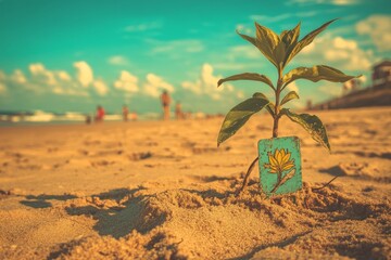 Obraz premium The image of a small green plant growing out of the sand on a beach is symbolic of resilience and new beginnings