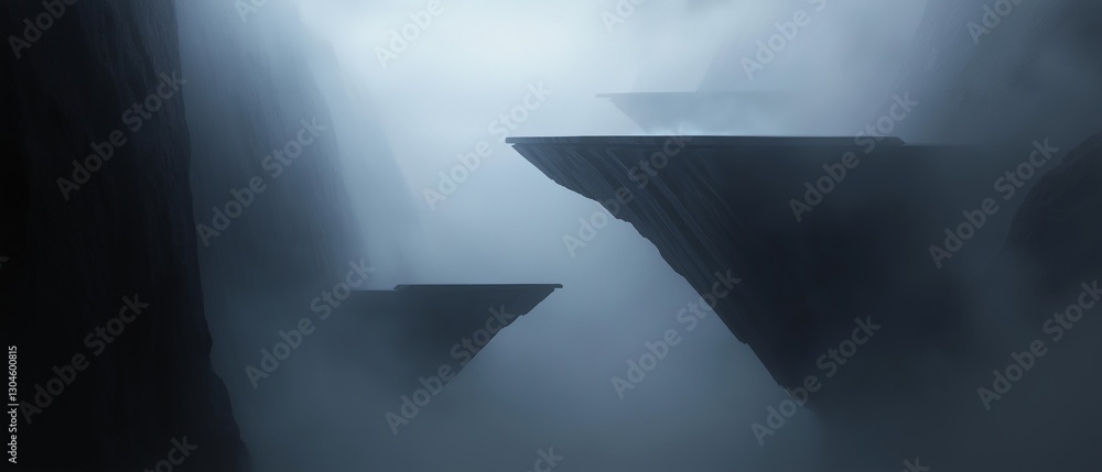 Poster dark and foggy landscape with a cliff on the right side. the cliff appears to be made of rock and is