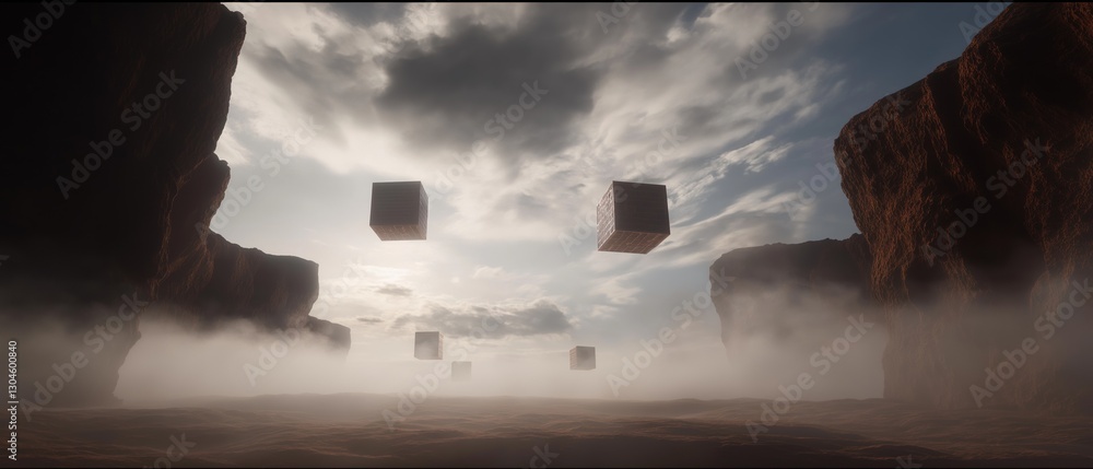 Poster group of cubes floating in the air between two large rock formations. the sky is filled with dark cl