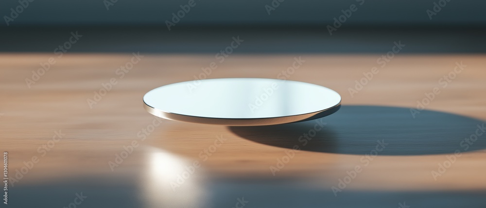 Poster close-up of a round, silver-colored object on a wooden surface. the object appears to be made of met