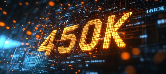 Glowing Digital Big 3D Number 450k on Abstract Technology Background. Internet, Technology Concept