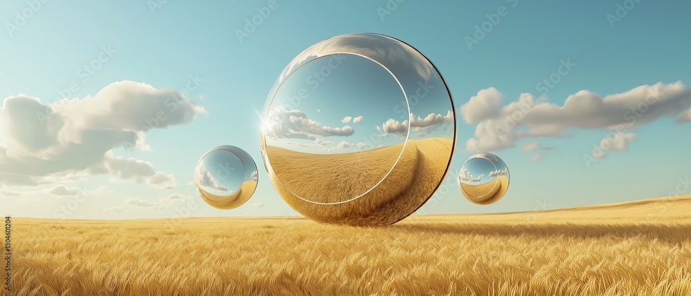 Poster vast field of golden wheat with a clear blue sky and white clouds in the background. in the center o