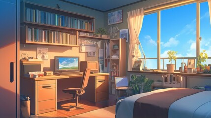 Serene Study Area with Bookshelves and Sky View Laptop Desk Chair Tranquil Scene Ambience
