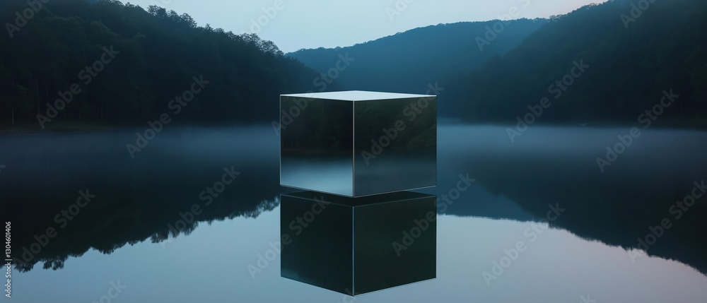 Poster photograph of a square-shaped object, which appears to be a cube or a cube, standing in the middle o