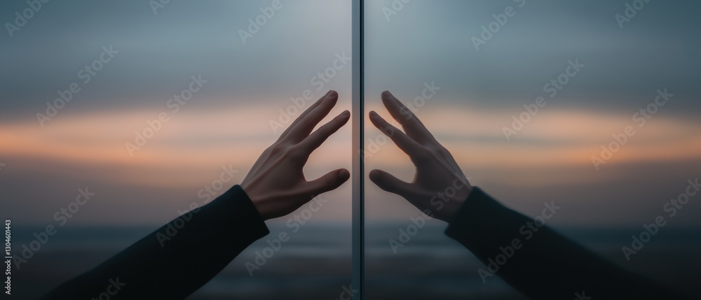 Poster two hands reaching out to each other with their palms facing each other. the hands are positioned in