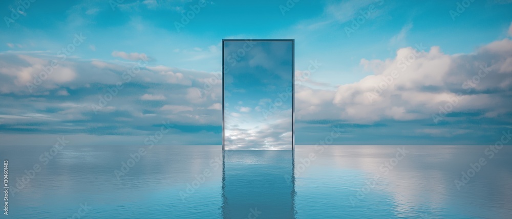 Aufkleber tall, rectangular mirror standing in the middle of a vast body of water. the mirror is reflecting th