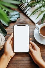 Woman holding a smartphone with a blank white screen, shot from above over a cozy wooden desk.,