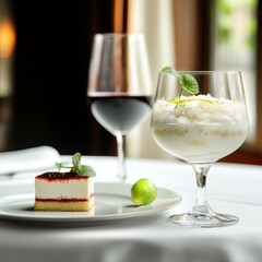 Sweet Dessert and Rich Red Wine Pairing Composition for Fine Dining Experience Presentation