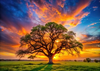 Obraz premium Majestic Texas live oak silhouetted against a vibrant spring sunset, a breathtaking photographic capture.