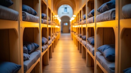 Fototapeta premium The polished gym floor was lined with cots, and emergency kits were placed at the foot of each bed, representing readiness for disaster relief