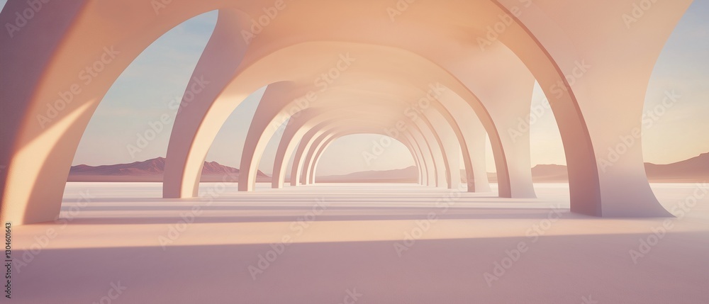 Poster long, arched archway in the middle of a desert-like landscape. the archway is made up of multiple wh