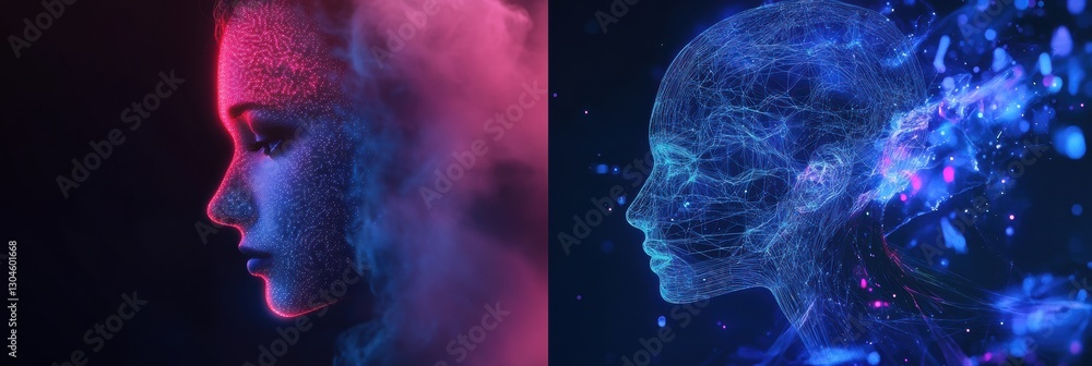 Poster digital artwork showcasing contrasting representations of human identity and artificial intelligence