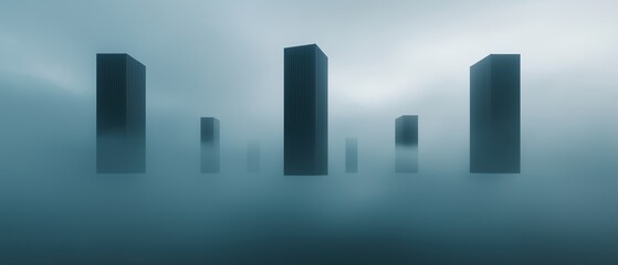 Group of six tall skyscrapers in a dark blue background. the tallest building in the center is a tall, cylindrical structure with a pointed top and a flat bottom.