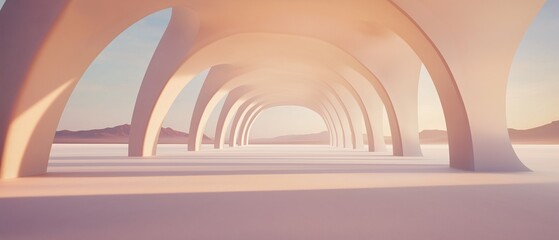 Obraz premium Long, arched archway in the middle of a desert-like landscape. the archway is made up of multiple white pillars that are arranged in a symmetrical pattern, creating a sense of depth and dimension.