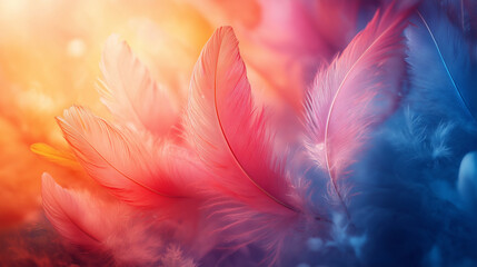 Obraz premium Pastel pink-blue gradient, feathers, clouds, dreamy, space for text 