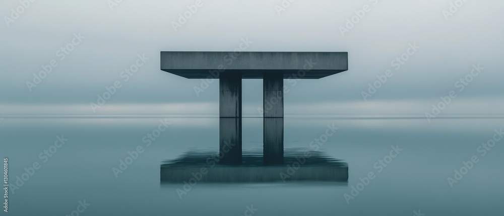 Poster photograph of a concrete structure, which appears to be a table or a bench, standing in the middle o