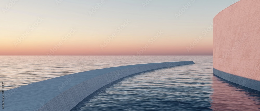 Poster 3d rendering of a long, curved pathway that extends into the ocean. the pathway is made of concrete 