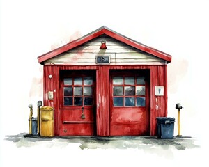Rustic Fire Station with Dual Doors and Vintage Design in Watercolor Artistic Expression