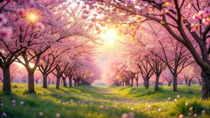Fototapeta premium Miniature spring wonderland: Tilt-shift captures blooming cherry trees, delicate pink blossoms in macro detail.