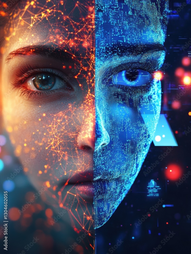 Poster merging of human and digital elements shows the future of technology and identity exploration. gener