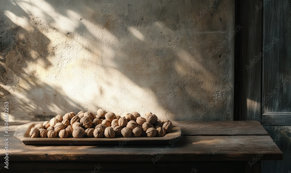 Aufkleber rustic display of unshelled walnuts arranged on a wooden table illuminated by soft natural light, hi