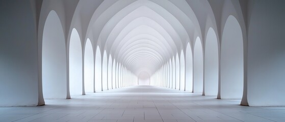 Long, arched corridor with white walls and floor. the corridor is made up of multiple arches that are arranged in a symmetrical pattern, creating a tunnel-like effect.