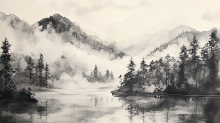 Serene Landscape with Mountains, Fog, and Reflection in Water