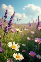 Fototapeta premium Yellow petals dance with purple companions in an idyllic flower field, nature photography, lavender daisies