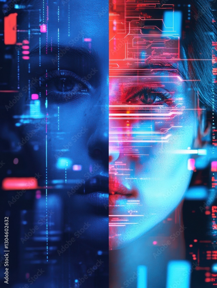 Poster digital portrait blending human features with futuristic technology in a vibrant setting. generative