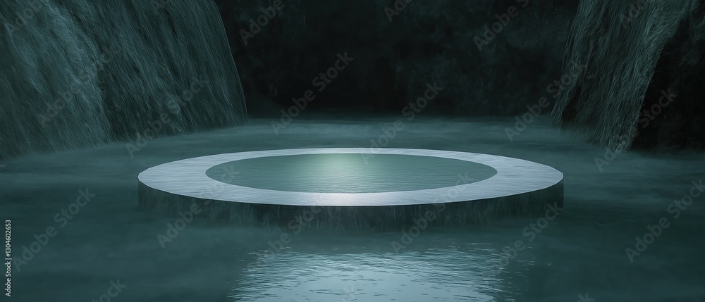 Poster circular platform in the middle of a dark cave. the platform is made of concrete and is surrounded b