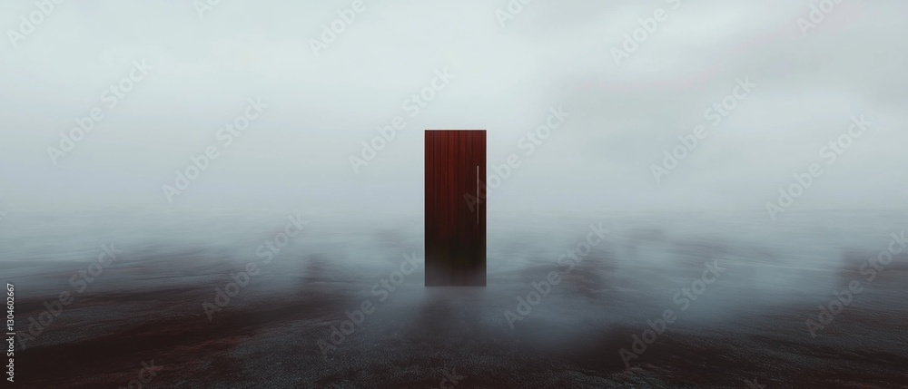 Poster photograph of a tall, rectangular object standing in the middle of a foggy landscape. the object app