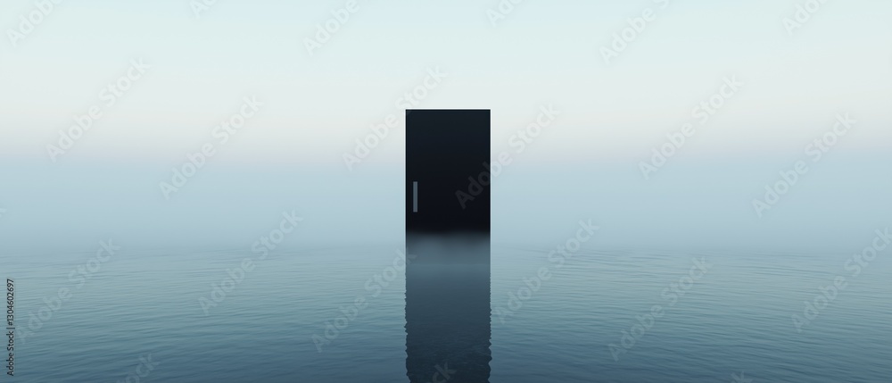 Poster photograph of a tall, black rectangular object standing in the middle of a body of water. the object