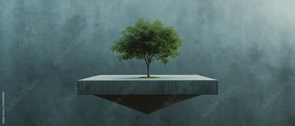 Poster small tree on top of a floating platform. the platform is grey in color and has a triangular shape. 